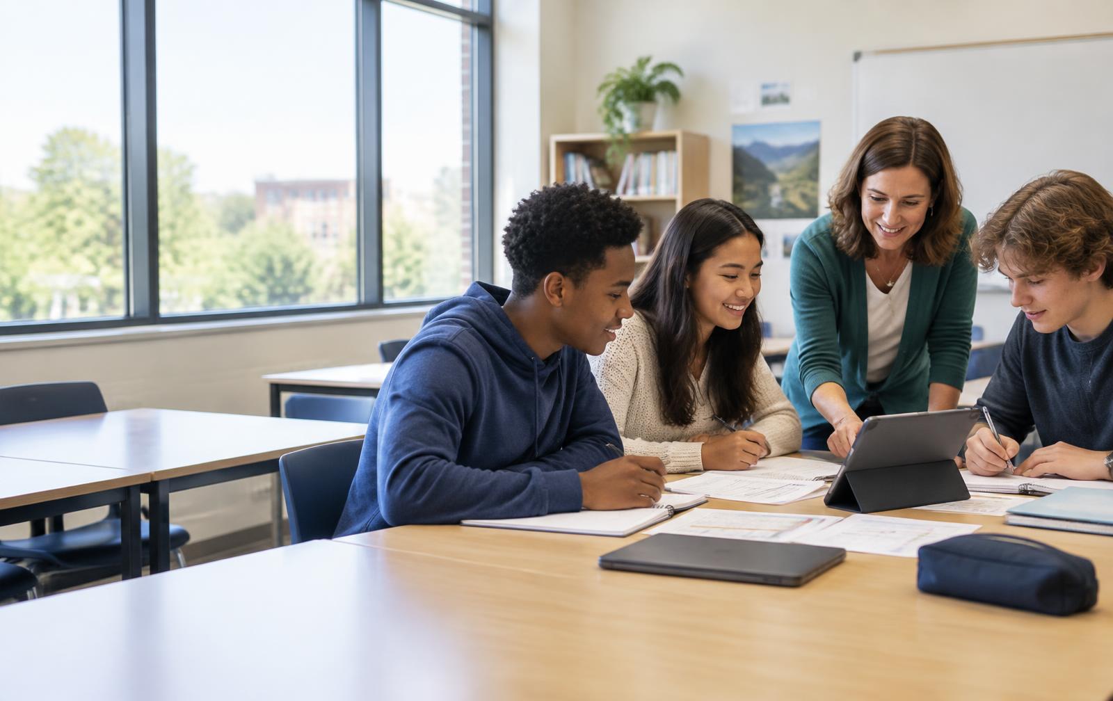 Illustrative classroom with students and a teacher working on a digital-currency activity
